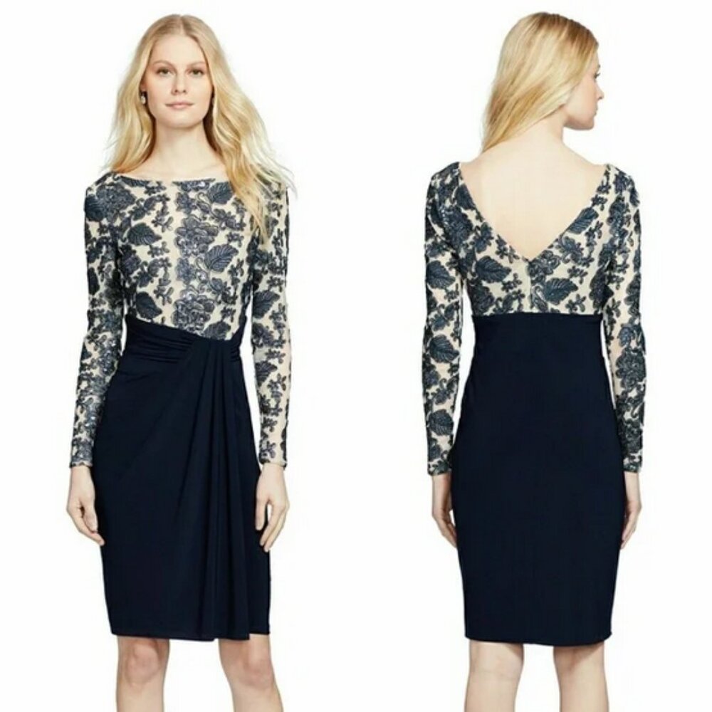 Lauren Ralph Lauren Navy and Cream Long-Sleeve Floral Sheath Dress